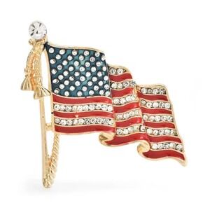 American Flag Brooch Pin Gold Tone Rhinestone Enamel Waving USA Patriotic